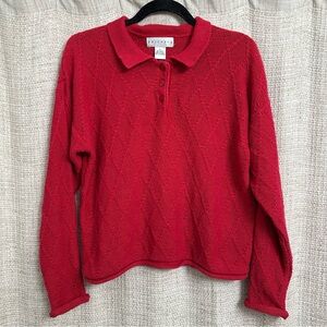 Vintage Partners Red Sweater Textured Knit Collared Button Neck Ramie Cotton M